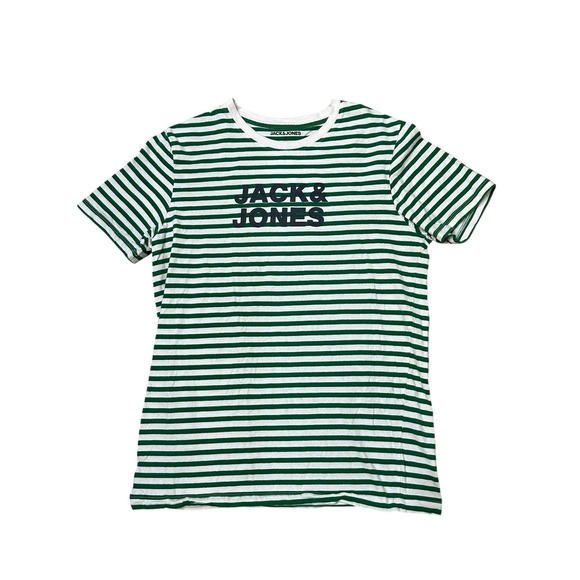 JACK‎ & JONES Mens T-Shirt M Green Striped Short Sleeve Pure Cotton Pullover EUC - Picture 1 of 6